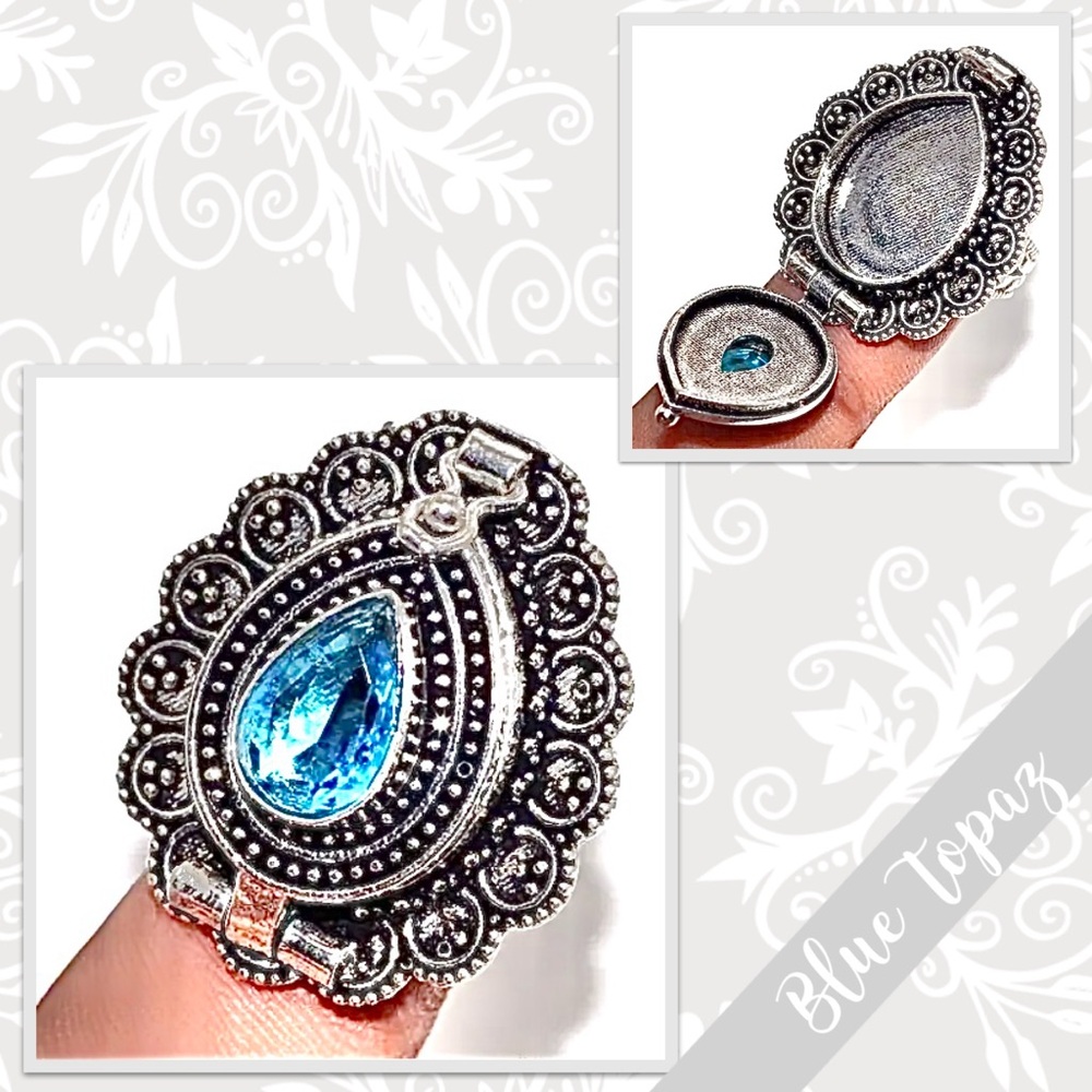 Blue Topaz Eclectic Silver Artisan Poison Box Ring Sz 6.5 (Turquoise / Sky Blue)